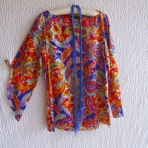 Colorful Lauren Silk Shirt Top Pullover Blouse S Boho Flare Split Sleeve belt